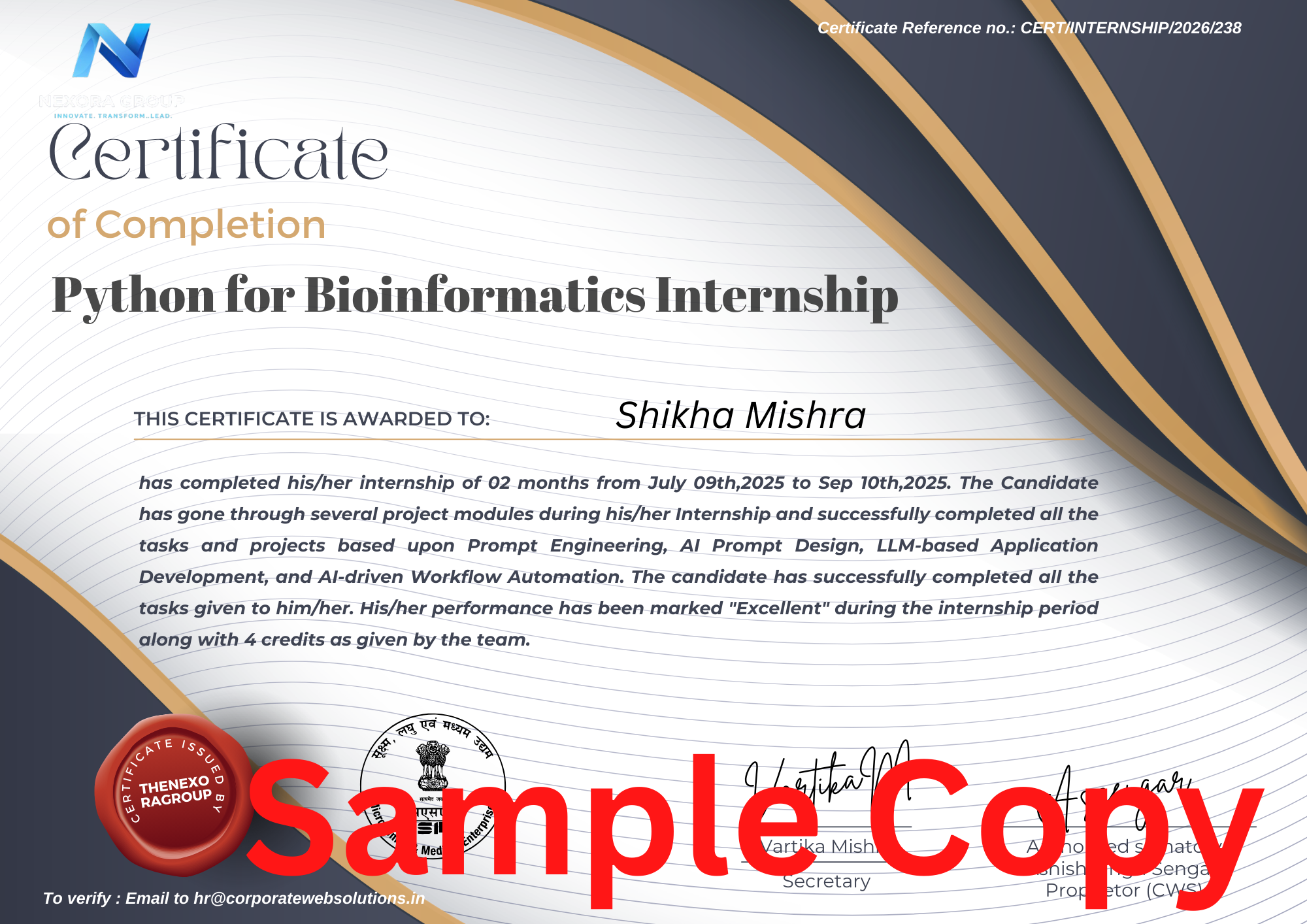 Python for Bioinformatics Internship Certificate