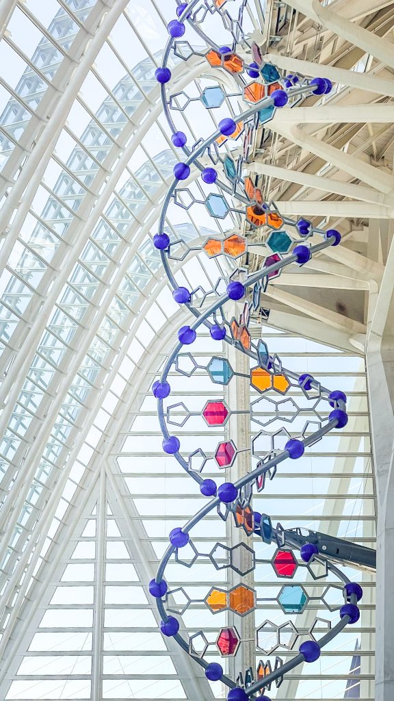 Colorful DNA sculpture inside Valencia's science complex, showcasing modern architecture and art.