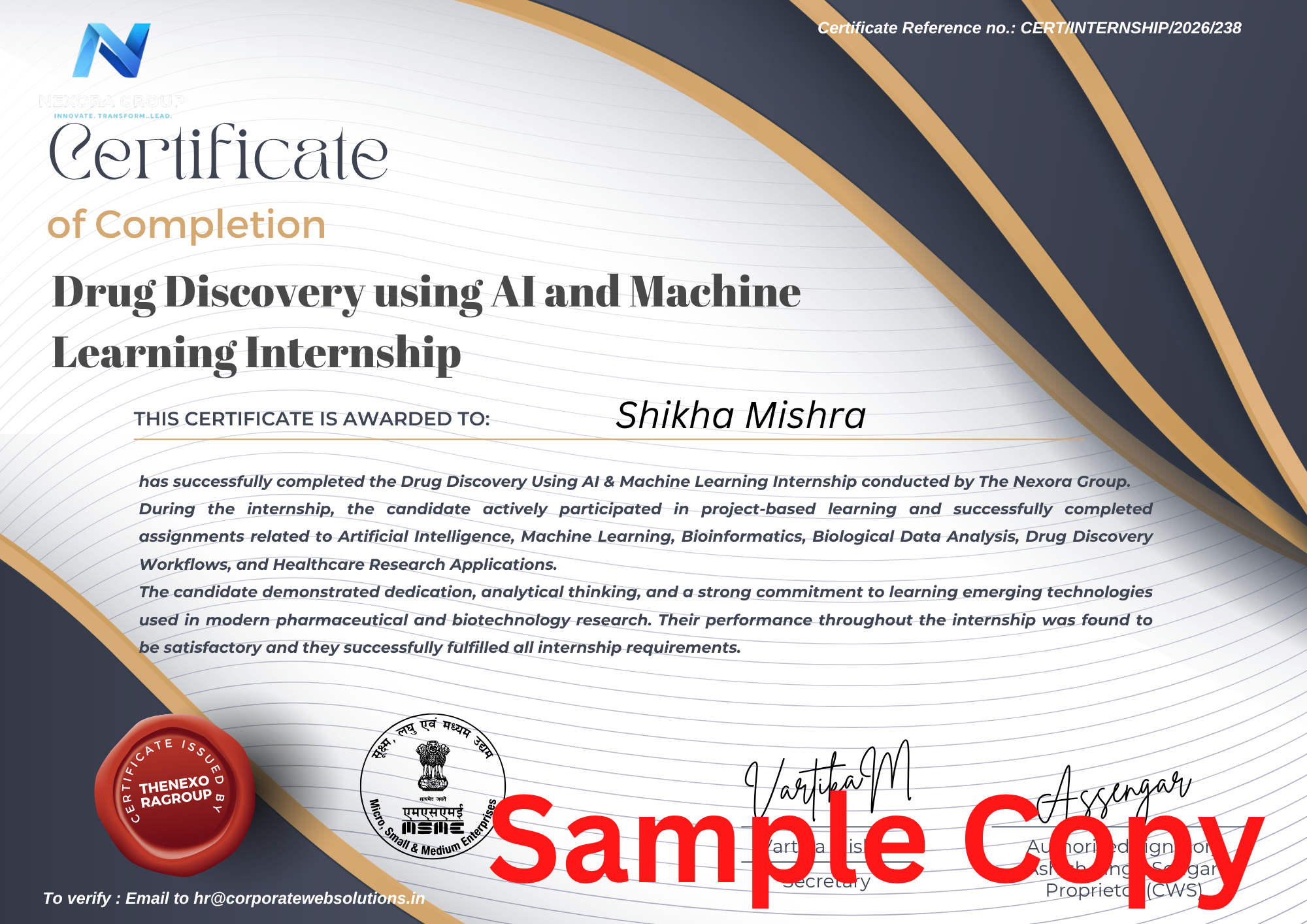 Drug Discovery using AI Internship Certificate