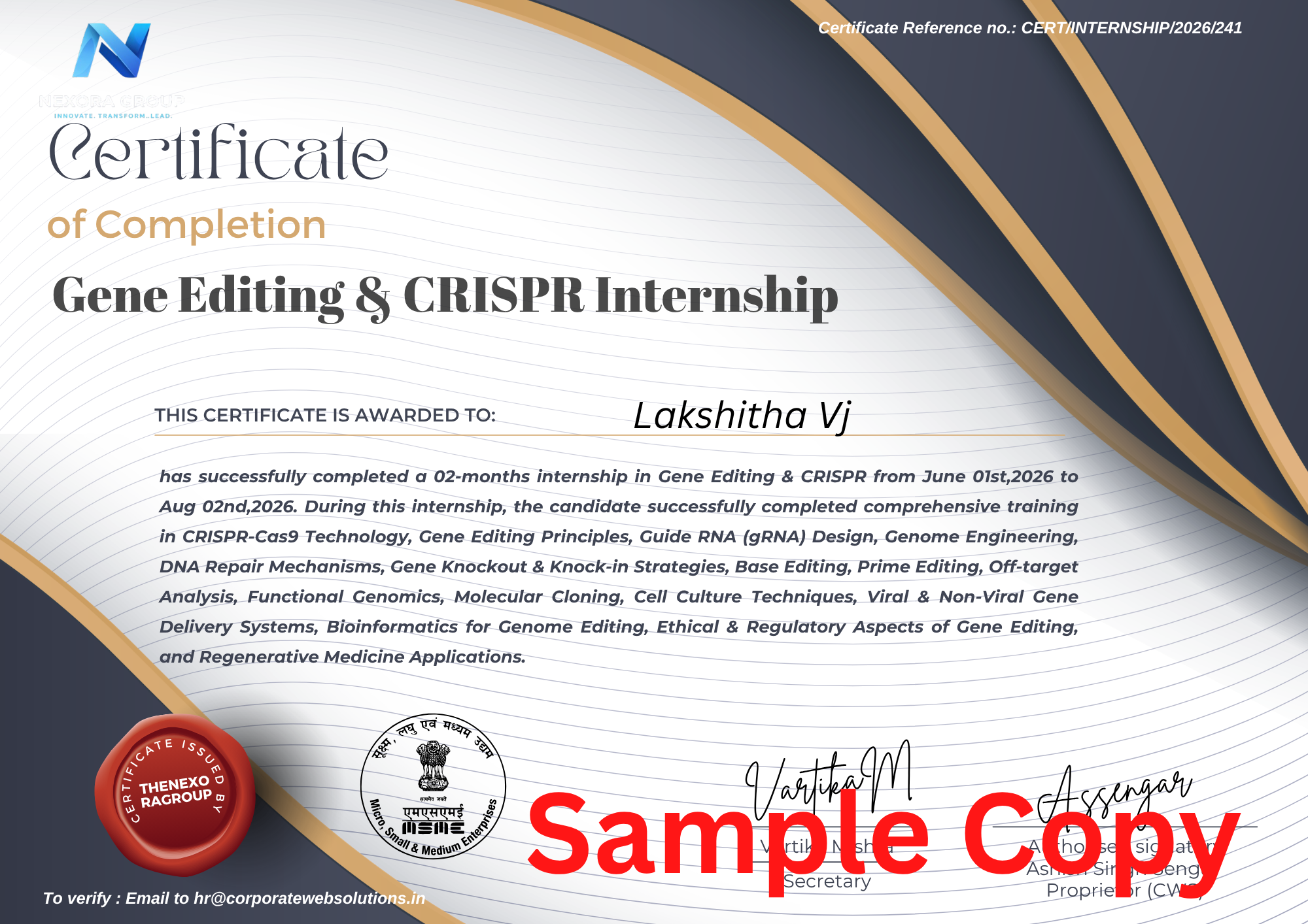 Gene Editing and CRISPR Internship Certificate