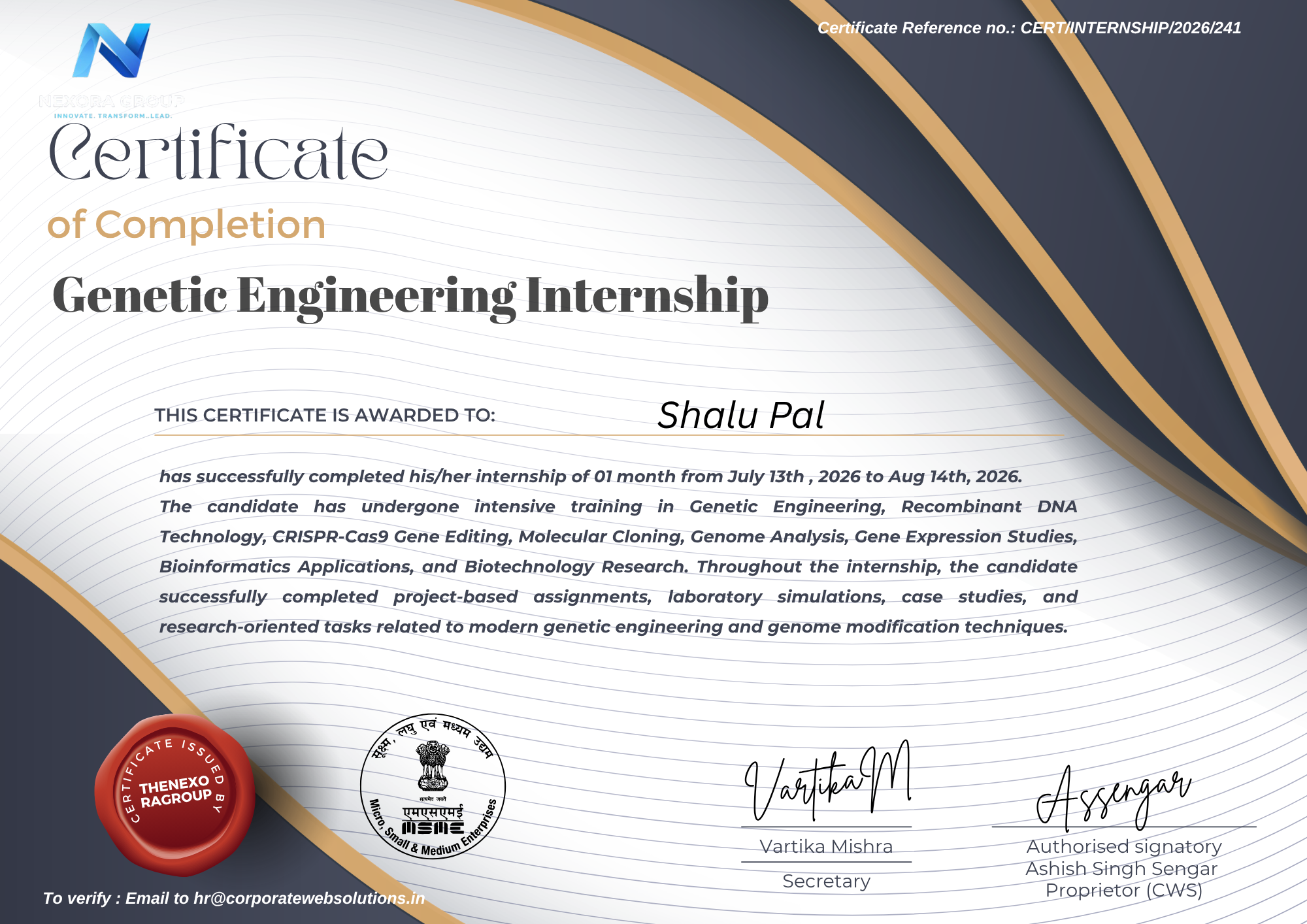 Genetic Engineering with AI Internship Certificate