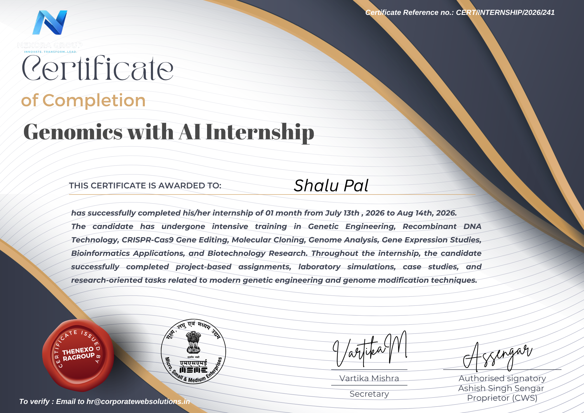 Genomics with AI Internship Certificate